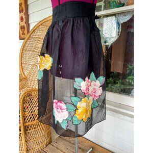 Vintage 1950s Black Organza Floral Applique Half Apron